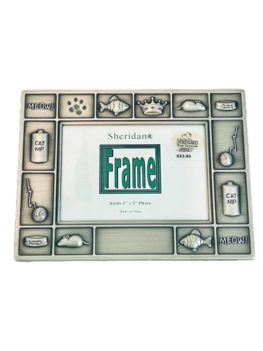 Cat Themed Picture Frame in Antique Pewter Silver Fish Yarn Cat Nip